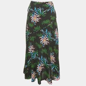 Pre Owned Kenzo Black Botanical Print Crepe Wrap Midi Skirt S