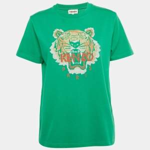 Pre Owned Kenzo Green Lion Embroidered Jersey T-Shirt M
