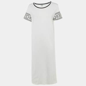 Pre Owned Kenzo White Logo Print Cotton Midi Dress L
