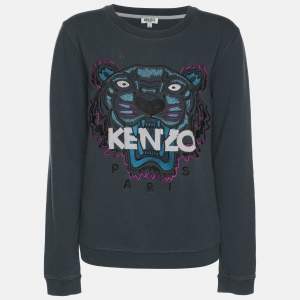 Pre Owned Kenzo Teal Blue Tiger & Logo Embroidered Knit Sweatshirt L