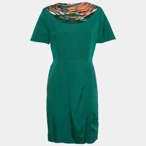 Pre Owned Kenzo Green Crepe Neck Detail Mini Dress L