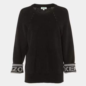 Pre Owned Kenzo Black Logo Intarsia Cotton & Wool Knit Crew Neck Sweater L