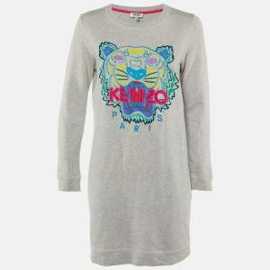 Pre Owned Kenzo Grey Tiger Head Embroidered Cotton Sweatshirt Mini Dress S