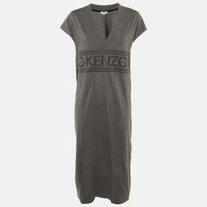 Pre Owned Kenzo Grey Cotton Logo Applique T-Shirt Midi Dress S