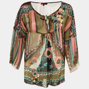 Pre Owned Kenzo Multicolor Printed Silk Applique Detail Top L