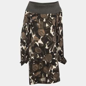 Pre Owned Kenzo Brown /Black Printed Crepe High Neck Mini Dress M
