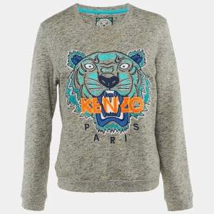 Pre Owned Kenzo Grey Tiger Head Embroidered Cotton Sweatshirt L