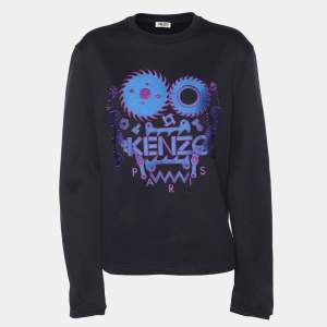 Pre Owned Kenzo Navy Blue Nylon Knit Logo Embroidered Sweatshirt S