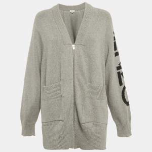 مملوكة مسبقًا جاكيت كنزو تريكو إنتارسيا رصاصي بالشعار وجيوب وسحاب أمامي مقاس صغير - سمول