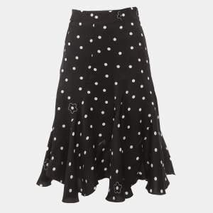 Pre Owned تنورة كنزو سوداء منقطة ساتان ميدي واسعة مقاس صغير (سمول)