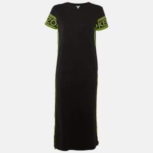 Pre Owned Kenzo Black Cotton Knit Contrast Logo Detail Midi Dress M