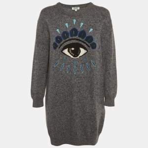 Pre Owned Kenzo Blue Logo Eye Intarsia Wool Knit Mini Sweater Dress L