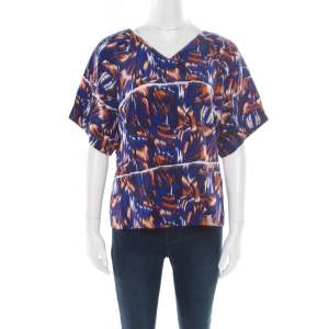 Pre Owned Kenzo Royal Blue Torn Flowers Printed Silk V Neck Blouse L
