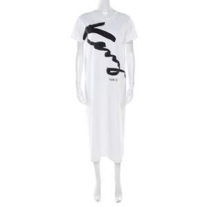 Pre Owned Kenzo White Cotton Signature Print Midi Dress M