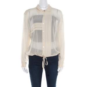 Pre Owned Kenzo Beige Pleated Waist Tie Detail Long Sleeve Blouse XL