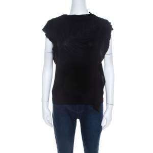 Pre Owned Kenzo Black  Embroidered Stretch Jersey Ruffle Detail Top M 