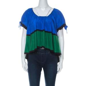 Pre Owned Kenzo Blue Black and Green Color Block Off Shoulder Top M 