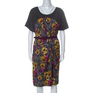 Kenzo Grey Floral Brushstroke Print Stretch Cotton Belted Dress M