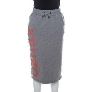 Pre Owned Kenzo Grey Printed Jersey Drawstring Detail Pencil Skirt XS