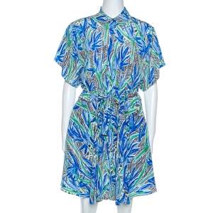 Pre Owned Kenzo Multicolor Printed Silk Short Sleeve Belted Shirt Dress M
