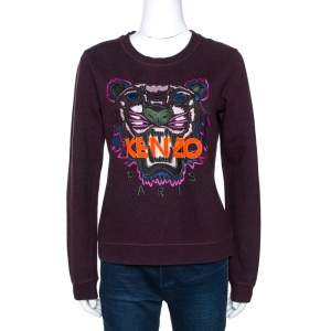 Pre Owned Kenzo Deep Purple Knit Embroidered Tiger Motif Sweatshirt M