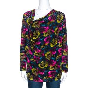 Kenzo Multicolor Printed Silk Asymmetric Draped Neck Top XL