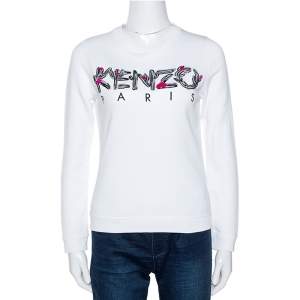 Pre Owned Kenzo White Logo Embroidered Cotton Long Sleeve Sweatshirt XS