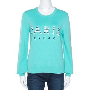 Pre Owned Kenzo Aqua Blue Paris Intarsia Knit Long Sleeve Jumper L