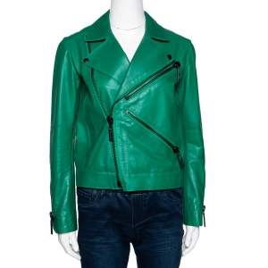  Kenzo Green Eye Embroidered Leather Zip Front Jacket S