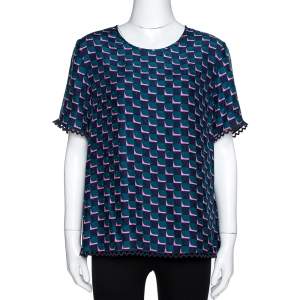 Pre Owned Kenzo Midnight Blue Printed Star Patterned Silk Jacquard Top L