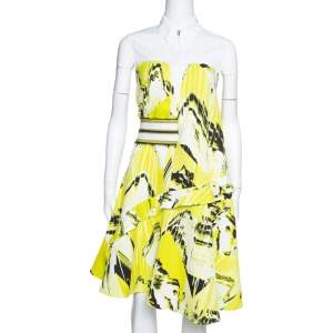 Kenzo Yellow Textured Cotton Mountain Print Sleeveless Collared Dress L