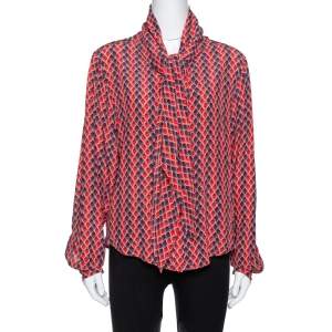 مملوكة مسبقًا Kenzo Red Printed Silk Neck Tie Detail Long Sleeve Shirt L
