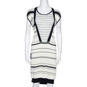 Kenzo Off White & Navy Striped Cotton Knit Sweater Dress L