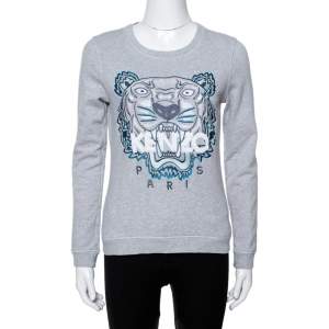 Pre Owned Kenzo Grey Tiger Embroidered Cotton Sweatshirt S