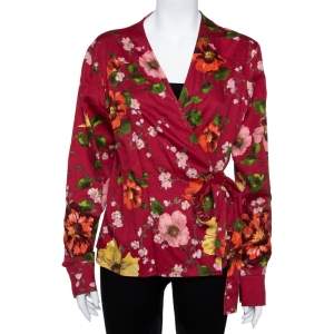 Pre Owned Kenzo Red Floral Print Cotton Wrap Top XL