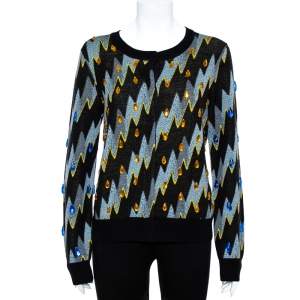 Pre Owned Kenzo Black Lightning Bolt Jacquard Wool Embellished Cardigan L