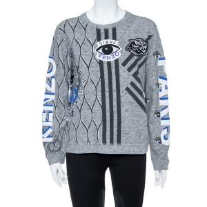 مملوكة مسبقًا Kenzo Grey Multi Icon Embroidered Logo Applique Long Sleeve Sweatshirt XL