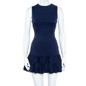 Pre Owned Kenzo Navy Blue Cotton Jacquard Ruffle Detail Sleeveless Mini Dress S