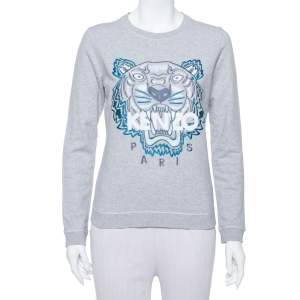Pre Owned Kenzo Grey Tiger Motif Embroidered Cotton Sweatshirt M