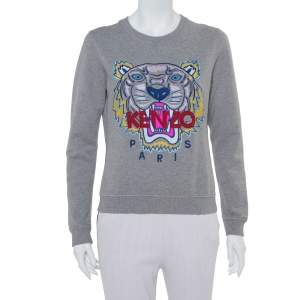 Pre Owned Kenzo Grey Tiger Motif Embroidered Cotton Crewneck Sweatshirt M