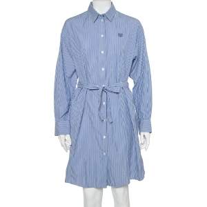Kenzo Blue & White Striped Cotton Belted Shirt Dress S