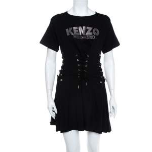 مملوكة مسبقًا Kenzo Black Logo Printed Knit Corset Detail Mini Dress XS