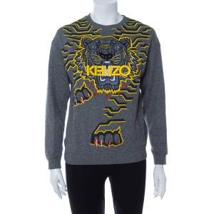 Pre Owned Kenzo Grey Tiger Motif Embroidered Cotton Sweatshirt S