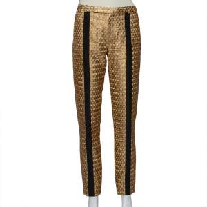 Pre Owned Kenzo Gold Brocade Contrast Trim Detail Tapered Leg Trousers S