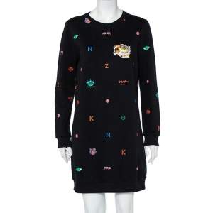 Kenzo Black Logo Tiger Printed Cotton Embroidery Detail Crewneck Sweater Dress M