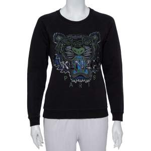 Pre Owned Kenzo Black Tiger Embroidered Cotton Crewneck Sweatshirt M