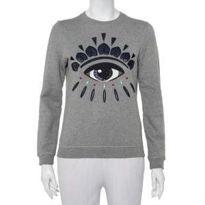 Pre Owned Kenzo Grey Eye Embroidered Cotton Crewneck Sweatshirt S
