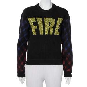 Kenzo Black Wool Fire Printed Zip Detail Sweater L