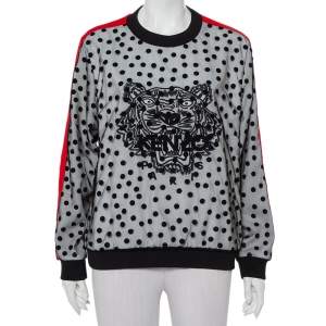 Pre Owned Kenzo Black Polka Dot Tulle Tiger Embroidered Contrast Trim Crewneck Sweatshirt L