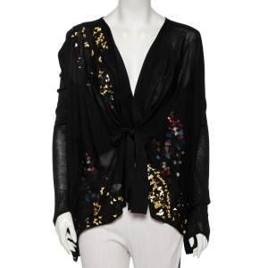 Pre Owned Kenzo Back Embellished Silk Knit Waterfall Collar Belted Cardigan S